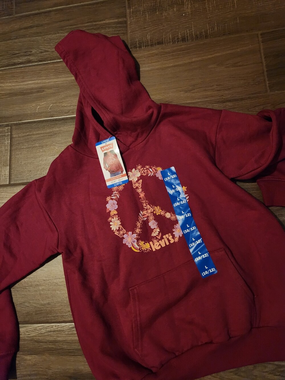 Levi's Maroon Fleece Hoodie with Floral Peace Design